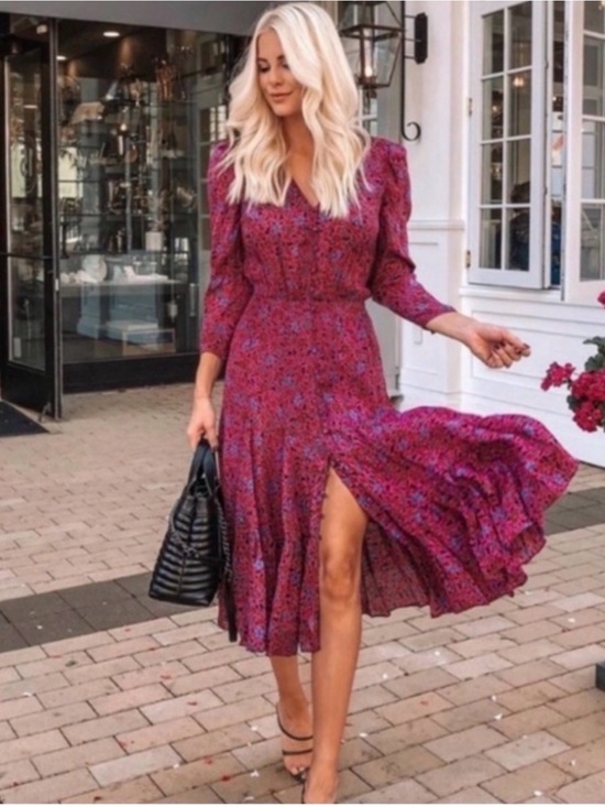 Veronica Beard Dresses & Skirts - Veronica Beard Pink Floral V-Neck Long-Sleeve Midi Dress